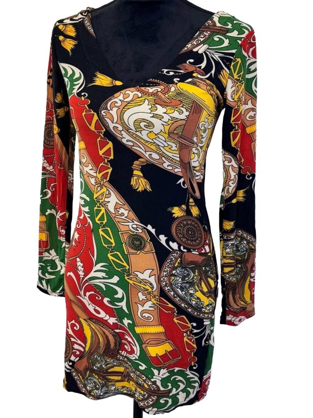 Long-Sleeve V-Neck Multi-Color Printed Women’s Dress